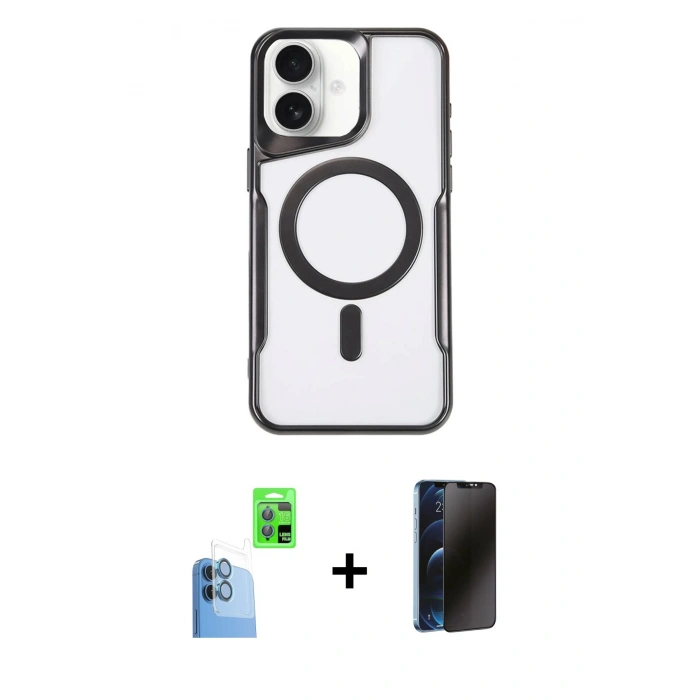 MARSİLYAN™- iPhone 16 Plus Kılıf Yadigar Klasik Özel Seri - Siyah 3D Antistatik Hayalet Cam Ekran Koruyucu + Raze Metal Kamera Lens - LT