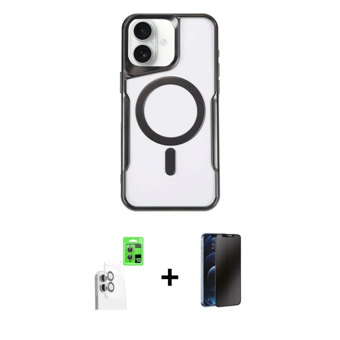 MARSİLYAN™- iPhone 16 Plus Kılıf Yadigar Klasik Özel Seri - Siyah 3D Antistatik Hayalet Cam Ekran Koruyucu + Raze Metal Kamera Lens - BZ