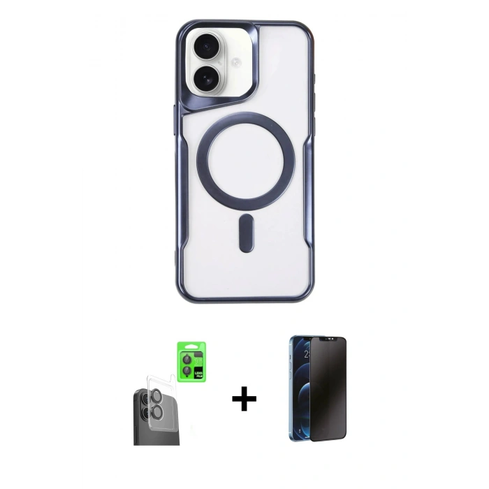 MARSİLYAN™- iPhone 16 Plus Kılıf Yadigar Klasik Özel Seri - Siyah 3D Antistatik Hayalet Cam Ekran Koruyucu + Raze Metal Kamera Lens - SH