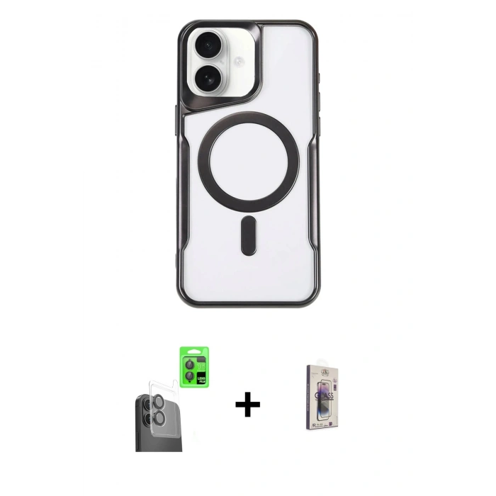 MARSİLYAN™- iPhone 16 Plus Kılıf Yadigar Klasik Özel Seri - Siyah Bilvis 3D Cam Ekran Koruyucu + Raze Metal Kamera Lens - SH