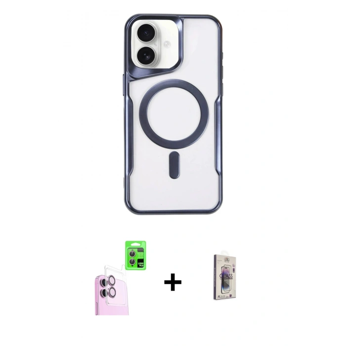 MARSİLYAN™- iPhone 16 Plus Kılıf Yadigar Klasik Özel Seri - Siyah Bilvis 3D Cam Ekran Koruyucu + Raze Metal Kamera Lens - PE