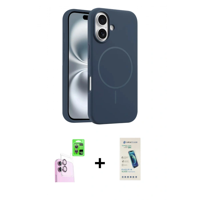 MARSİLYAN™- iPhone 16 Plus Kılıf Yankı Form Serisi - Şeffaf Pasifik Cam Ekran Koruyucu + Raze Metal Kamera Lens - PE