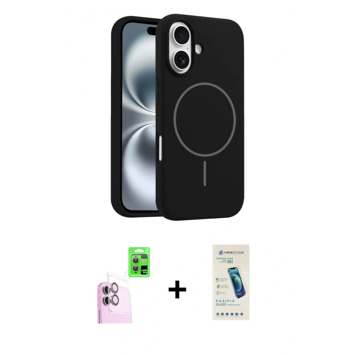 MARSİLYAN™- iPhone 16 Plus Kılıf Yankı Form Serisi - Şeffaf Pasifik Cam Ekran Koruyucu + Raze Metal Kamera Lens - PE