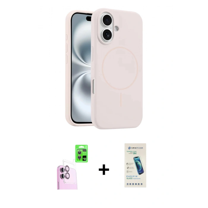 MARSİLYAN™- iPhone 16 Plus Kılıf Yankı Form Serisi - Şeffaf Pasifik Cam Ekran Koruyucu + Raze Metal Kamera Lens - PE