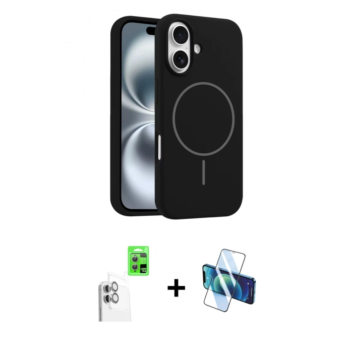 MARSİLYAN™- iPhone 16 Plus Kılıf Yankı Form Serisi - Siyah 3D Antistatik Cam Ekran Koruyucu + Raze Metal Kamera Lens - BZ