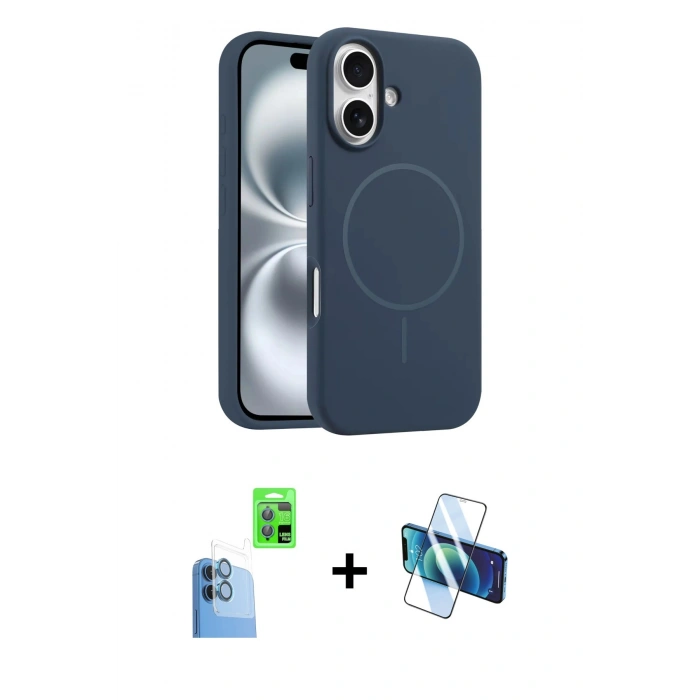 MARSİLYAN™- iPhone 16 Plus Kılıf Yankı Form Serisi - Siyah 3D Antistatik Cam Ekran Koruyucu + Raze Metal Kamera Lens - LT