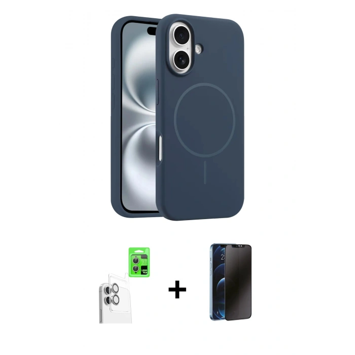 MARSİLYAN™- iPhone 16 Plus Kılıf Yankı Form Serisi - Siyah 3D Antistatik Hayalet Cam Ekran Koruyucu + Beyaz Raze Metal Kamera Lens