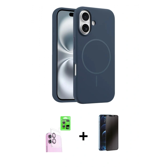 MARSİLYAN™- iPhone 16 Plus Kılıf Yankı Form Serisi - Siyah 3D Antistatik Hayalet Cam Ekran Koruyucu + Raze Metal Kamera Lens - PE