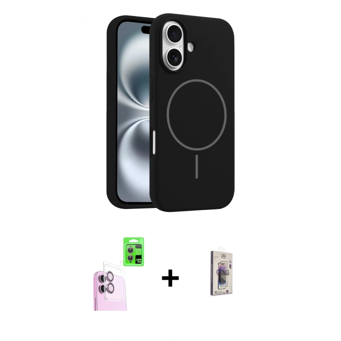 MARSİLYAN™- iPhone 16 Plus Kılıf Yankı Form Serisi - Siyah Bilvis 3D Cam Ekran Koruyucu + Raze Metal Kamera Lens - PE