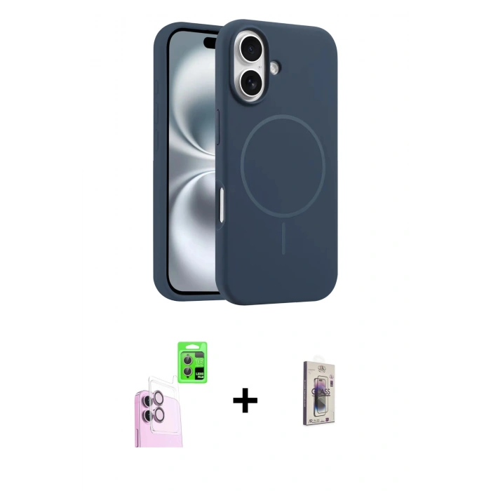 MARSİLYAN™- iPhone 16 Plus Kılıf Yankı Form Serisi - Siyah Bilvis 3D Cam Ekran Koruyucu + Raze Metal Kamera Lens - PE