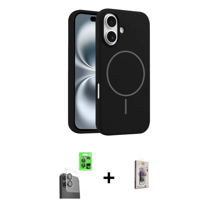 MARSİLYAN™- iPhone 16 Plus Kılıf Yankı Form Serisi - Siyah Bilvis 3D Cam Ekran Koruyucu + Raze Metal Kamera Lens - SH