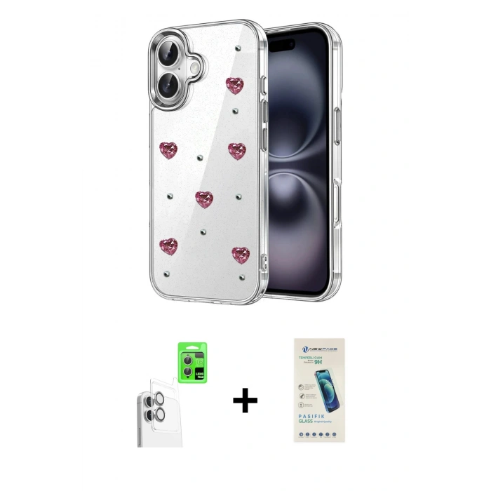 MARSİLYAN™- iPhone 16 Plus Kılıf Yörünge Form - Şeffaf Pasifik Cam Ekran Koruyucu + Raze Metal Kamera Lens - BZ