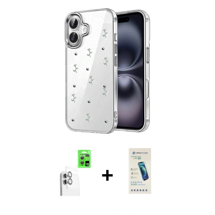 MARSİLYAN™- iPhone 16 Plus Kılıf Yörünge Form - Şeffaf Pasifik Cam Ekran Koruyucu + Raze Metal Kamera Lens - BZ
