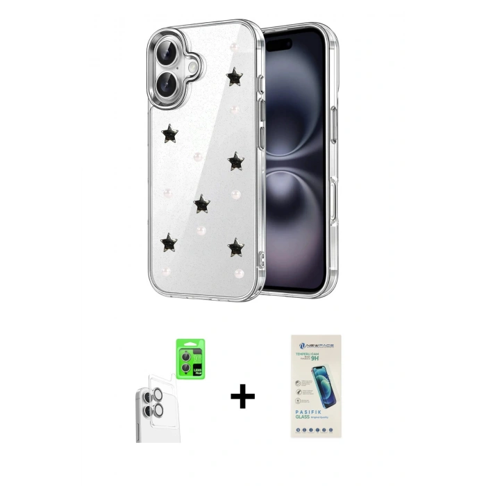 MARSİLYAN™- iPhone 16 Plus Kılıf Yörünge Form - Şeffaf Pasifik Cam Ekran Koruyucu + Raze Metal Kamera Lens - BZ