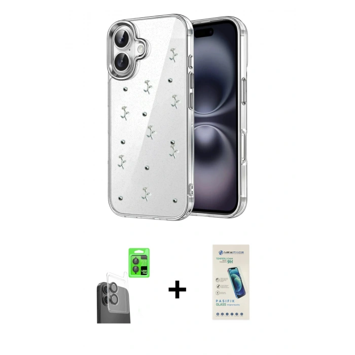 MARSİLYAN™- iPhone 16 Plus Kılıf Yörünge Form - Şeffaf Pasifik Cam Ekran Koruyucu + Raze Metal Kamera Lens - SH