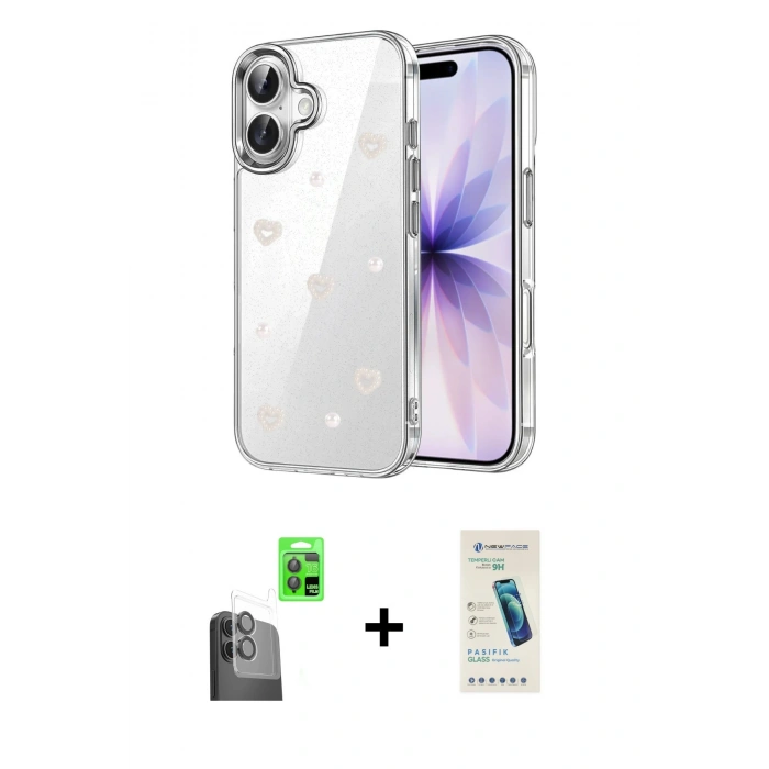 MARSİLYAN™- iPhone 16 Plus Kılıf Yörünge Form - Şeffaf Pasifik Cam Ekran Koruyucu + Raze Metal Kamera Lens - SH