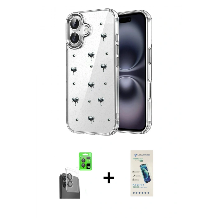 MARSİLYAN™- iPhone 16 Plus Kılıf Yörünge Form - Şeffaf Pasifik Cam Ekran Koruyucu + Raze Metal Kamera Lens - SH