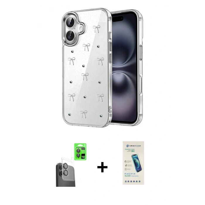 MARSİLYAN™- iPhone 16 Plus Kılıf Yörünge Form - Şeffaf Pasifik Cam Ekran Koruyucu + Raze Metal Kamera Lens - SH