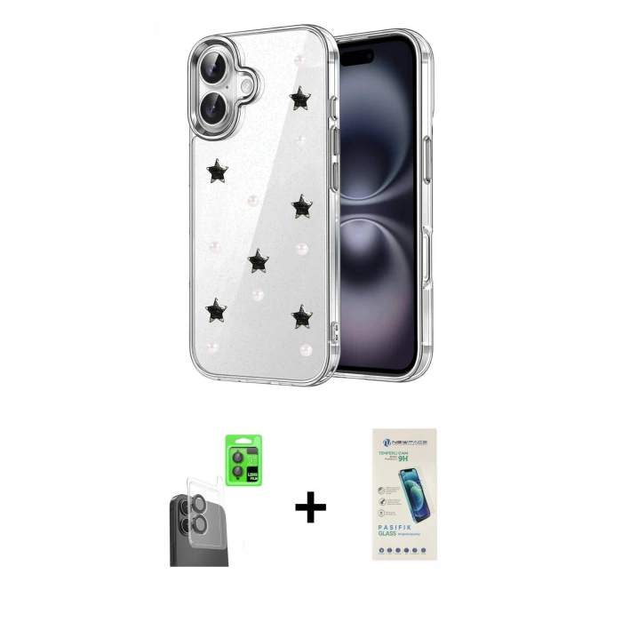 MARSİLYAN™- iPhone 16 Plus Kılıf Yörünge Form - Şeffaf Pasifik Cam Ekran Koruyucu + Raze Metal Kamera Lens - SH