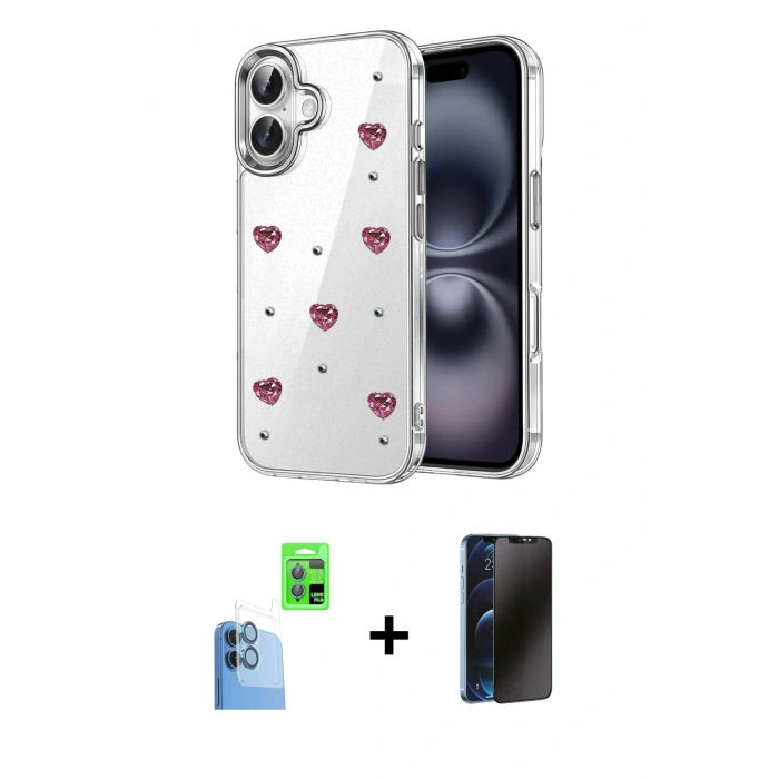 MARSİLYAN™- iPhone 16 Plus Kılıf Yörünge Form - Siyah 3D Antistatik Hayalet Cam Ekran Koruyucu + Raze Metal Kamera Lens - LT