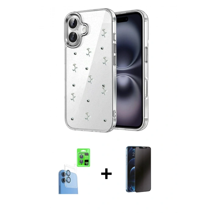 MARSİLYAN™- iPhone 16 Plus Kılıf Yörünge Form - Siyah 3D Antistatik Hayalet Cam Ekran Koruyucu + Raze Metal Kamera Lens - LT