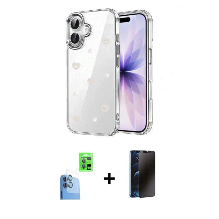 MARSİLYAN™- iPhone 16 Plus Kılıf Yörünge Form - Siyah 3D Antistatik Hayalet Cam Ekran Koruyucu + Raze Metal Kamera Lens - LT