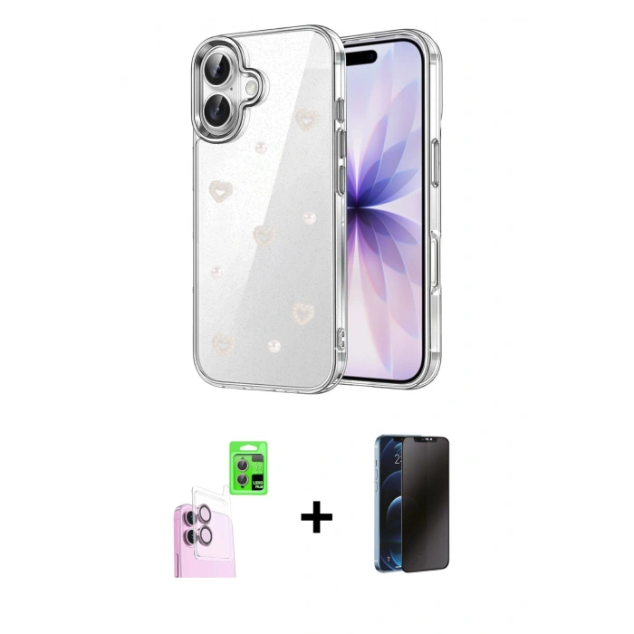 MARSİLYAN™- iPhone 16 Plus Kılıf Yörünge Form - Siyah 3D Antistatik Hayalet Cam Ekran Koruyucu + Raze Metal Kamera Lens - PE