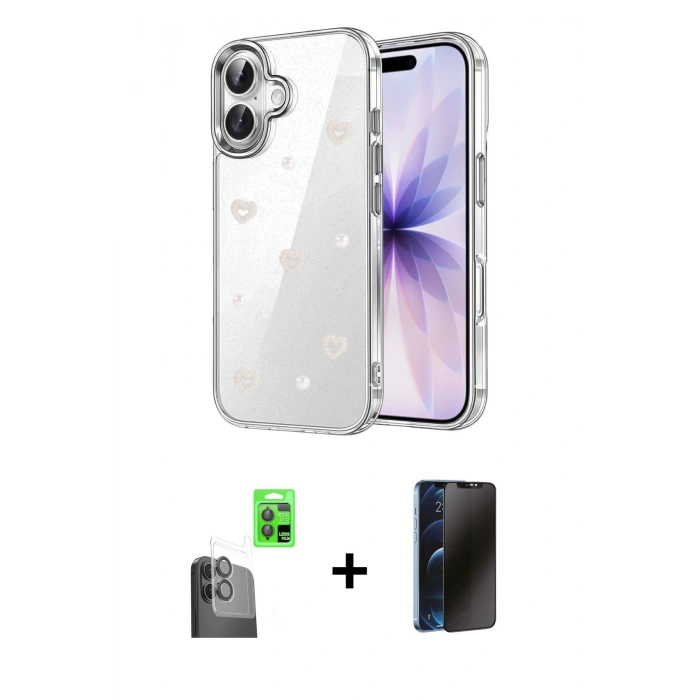 MARSİLYAN™- iPhone 16 Plus Kılıf Yörünge Form - Siyah 3D Antistatik Hayalet Cam Ekran Koruyucu + Raze Metal Kamera Lens - SH