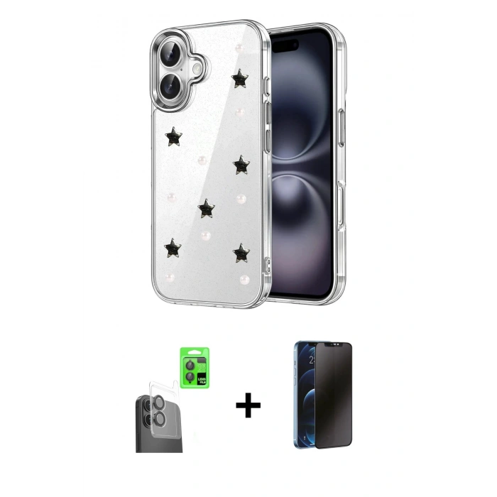 MARSİLYAN™- iPhone 16 Plus Kılıf Yörünge Form - Siyah 3D Antistatik Hayalet Cam Ekran Koruyucu + Raze Metal Kamera Lens - SH