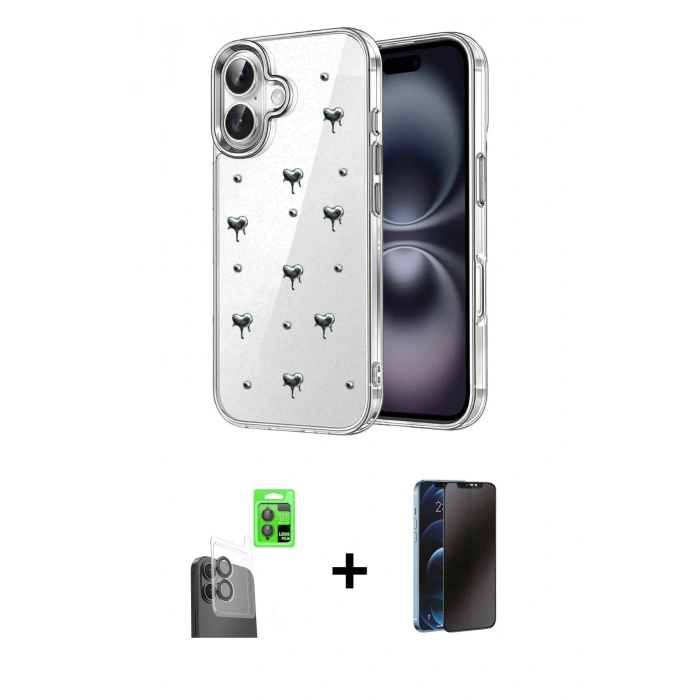 MARSİLYAN™- iPhone 16 Plus Kılıf Yörünge Form - Siyah 3D Antistatik Hayalet Cam Ekran Koruyucu + Raze Metal Kamera Lens - SH