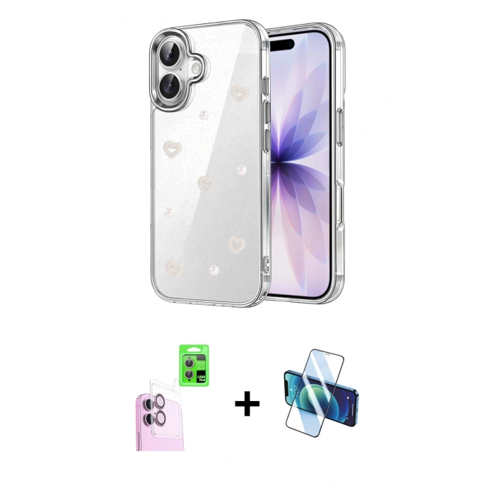 MARSİLYAN™- iPhone 16 Plus Kılıf Yörünge Form - Siyah 3D Antistatik Seramik Nano Ekran Koruyucu + Raze Metal Kamera Lens - PE