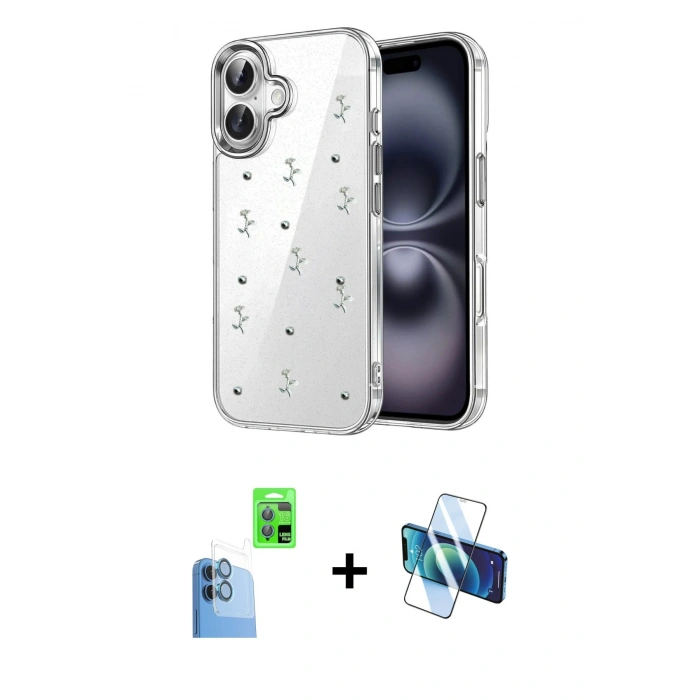 MARSİLYAN™- iPhone 16 Plus Kılıf Yörünge Form - Siyah 3D Antistatik Seramik Nano Ekran Koruyucu + Raze Metal Kamera Lens - LT