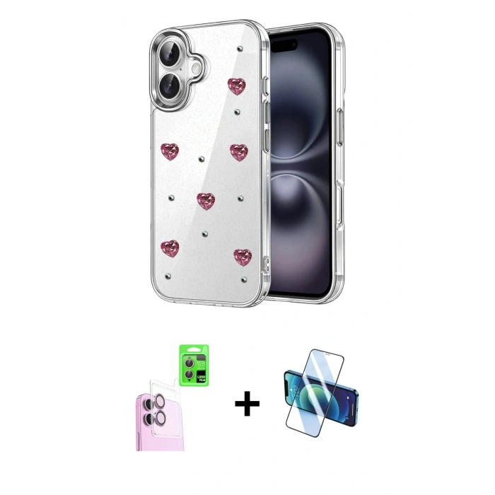 MARSİLYAN™- iPhone 16 Plus Kılıf Yörünge Form - Siyah 3D Antistatik Seramik Nano Ekran Koruyucu + Raze Metal Kamera Lens - PE
