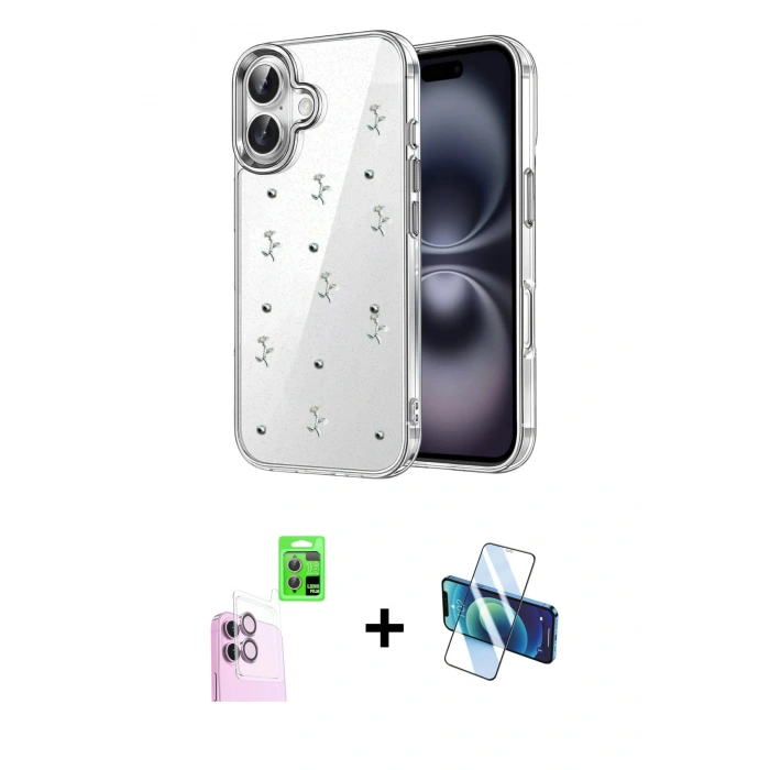 MARSİLYAN™- iPhone 16 Plus Kılıf Yörünge Form - Siyah 3D Antistatik Seramik Nano Ekran Koruyucu + Raze Metal Kamera Lens - PE