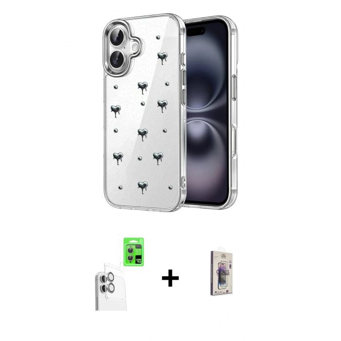 MARSİLYAN™- iPhone 16 Plus Kılıf Yörünge Form - Siyah Bilvis 3D Cam Ekran Koruyucu + Raze Metal Kamera Lens - BZ