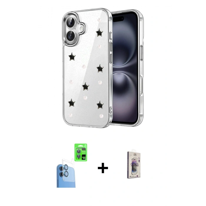 MARSİLYAN™- iPhone 16 Plus Kılıf Yörünge Form - Siyah Bilvis 3D Cam Ekran Koruyucu + Raze Metal Kamera Lens - LT