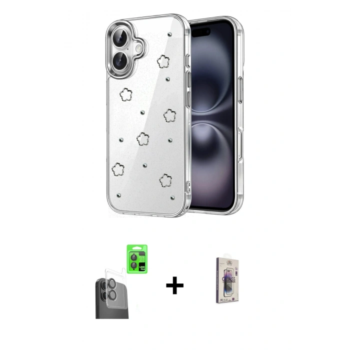 MARSİLYAN™- iPhone 16 Plus Kılıf Yörünge Form - Siyah Bilvis 3D Cam Ekran Koruyucu + Siyah Raze Metal Kamera Lens