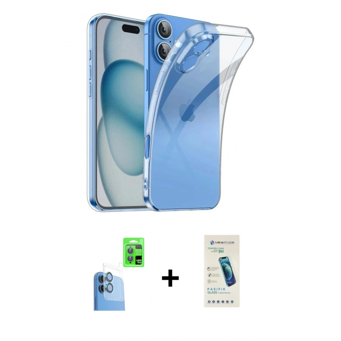 MARSİLYAN™- iPhone 16 Plus Kılıf Zirve Doku - Şeffaf Pasifik Cam Ekran Koruyucu + Raze Metal Kamera Lens - LT