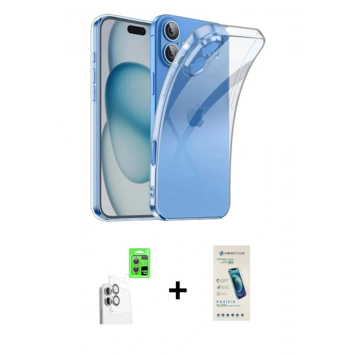 MARSİLYAN™- iPhone 16 Plus Kılıf Zirve Doku - Şeffaf Pasifik Cam Ekran Koruyucu + Raze Metal Kamera Lens - BZ