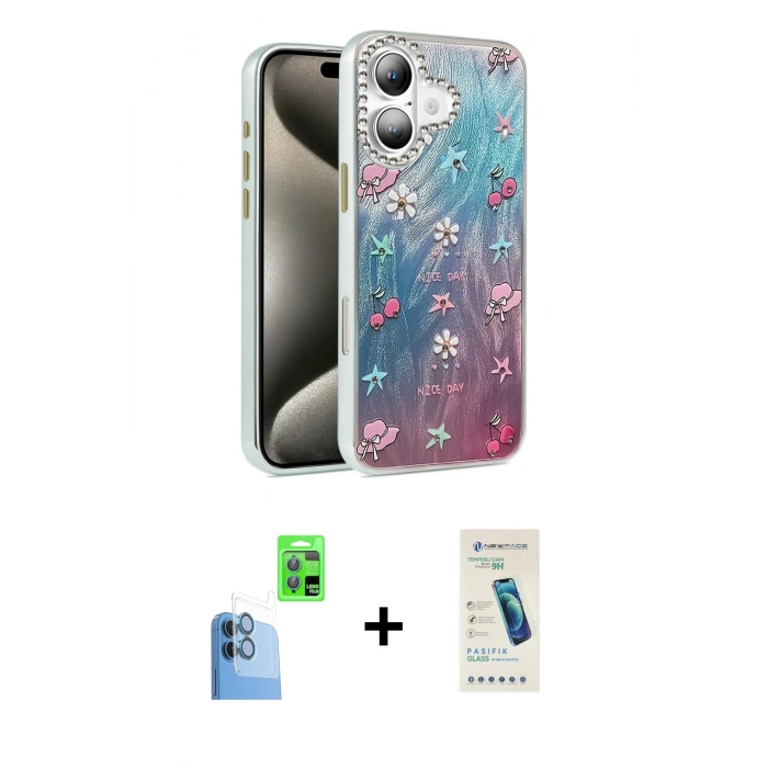 MARSİLYAN™- iPhone 16 Plus Kılıf Zirve Modern Prime - Şeffaf Pasifik Cam Ekran Koruyucu + Lacivert Raze Metal Kamera Lens