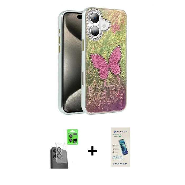 MARSİLYAN™- iPhone 16 Plus Kılıf Zirve Modern Prime - Şeffaf Pasifik Cam Ekran Koruyucu + Raze Metal Kamera Lens - SH