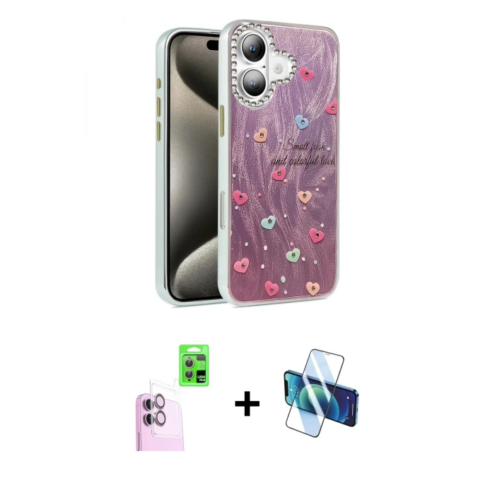 MARSİLYAN™- iPhone 16 Plus Kılıf Zirve Modern Prime - Siyah 3D Antistatik Cam Ekran Koruyucu + Raze Metal Kamera Lens - PE