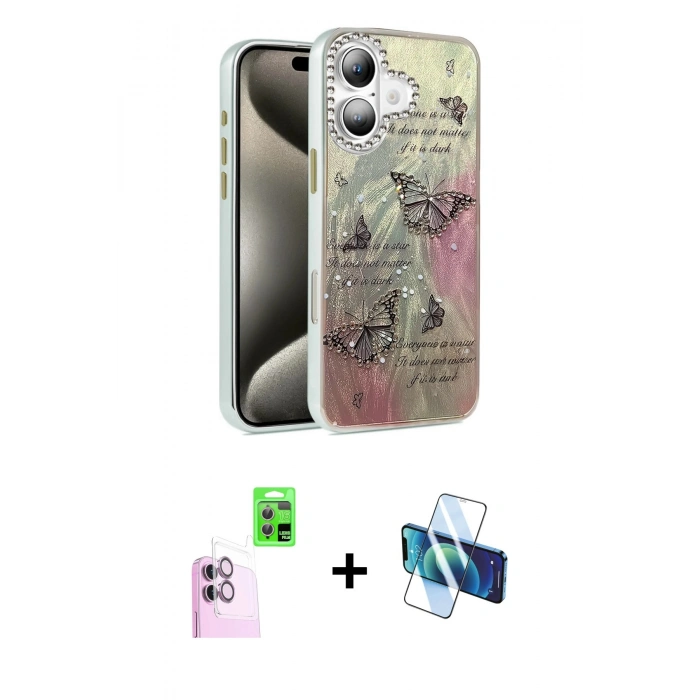 MARSİLYAN™- iPhone 16 Plus Kılıf Zirve Modern Prime - Siyah 3D Antistatik Cam Ekran Koruyucu + Raze Metal Kamera Lens - PE