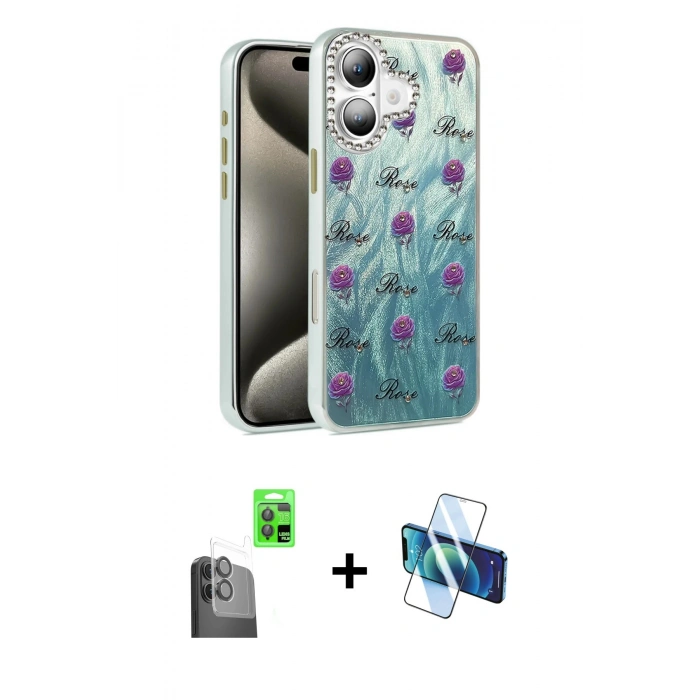 MARSİLYAN™- iPhone 16 Plus Kılıf Zirve Modern Prime - Siyah 3D Antistatik Cam Ekran Koruyucu + Raze Metal Kamera Lens - SH