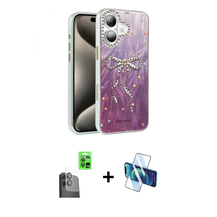 MARSİLYAN™- iPhone 16 Plus Kılıf Zirve Modern Prime - Siyah 3D Antistatik Cam Ekran Koruyucu + Raze Metal Kamera Lens - SH