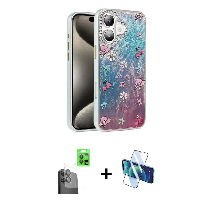 MARSİLYAN™- iPhone 16 Plus Kılıf Zirve Modern Prime - Siyah 3D Antistatik Cam Ekran Koruyucu + Raze Metal Kamera Lens - SH