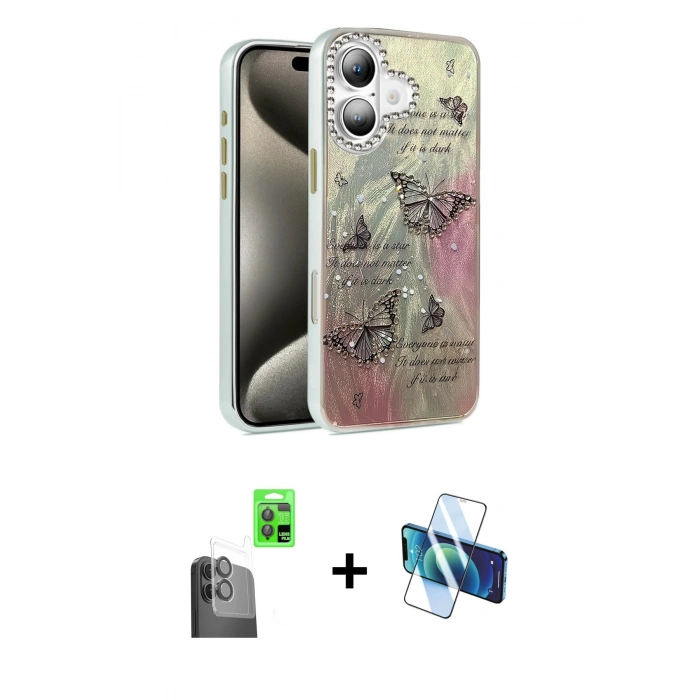 MARSİLYAN™- iPhone 16 Plus Kılıf Zirve Modern Prime - Siyah 3D Antistatik Cam Ekran Koruyucu + Raze Metal Kamera Lens - SH