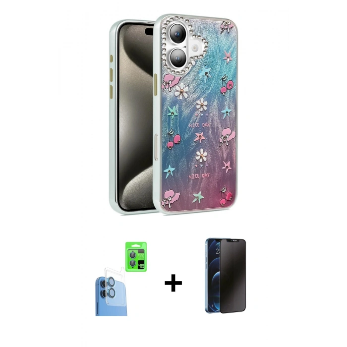 MARSİLYAN™- iPhone 16 Plus Kılıf Zirve Modern Prime - Siyah 3D Antistatik Hayalet Cam Ekran Koruyucu + Raze Metal Kamera Lens - LT