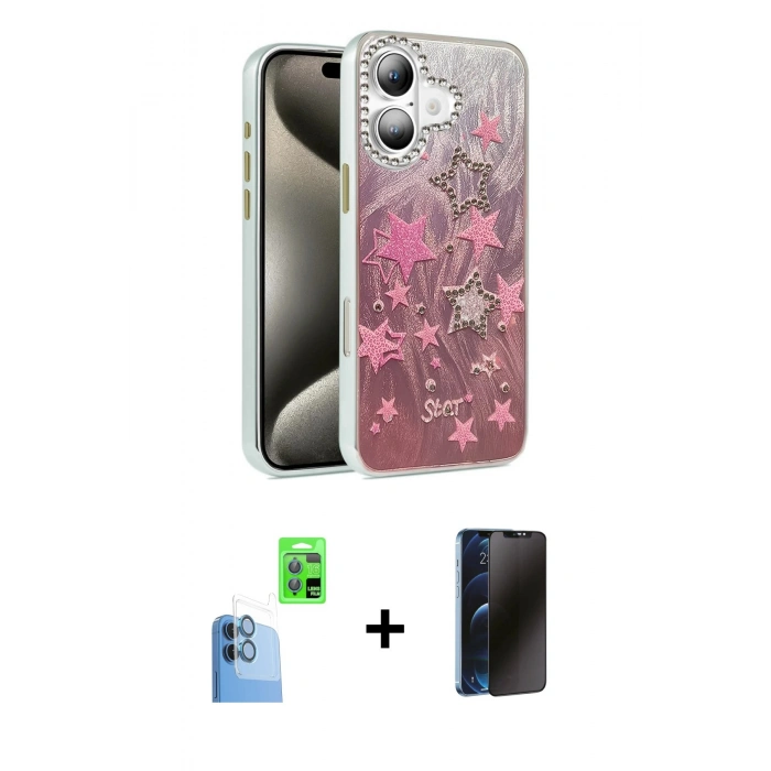 MARSİLYAN™- iPhone 16 Plus Kılıf Zirve Modern Prime - Siyah 3D Antistatik Hayalet Cam Ekran Koruyucu + Raze Metal Kamera Lens - LT