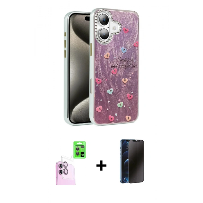 MARSİLYAN™- iPhone 16 Plus Kılıf Zirve Modern Prime - Siyah 3D Antistatik Hayalet Cam Ekran Koruyucu + Raze Metal Kamera Lens - PE
